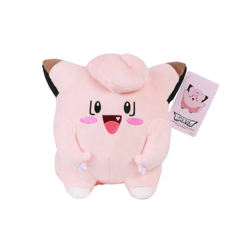 Colorful anime plush stuffed toys including Pikachu, Bulbasaur, Jigglypuff, Lapras, and Eevee in 6-12 inch sizes, soft and cuddly for kids.