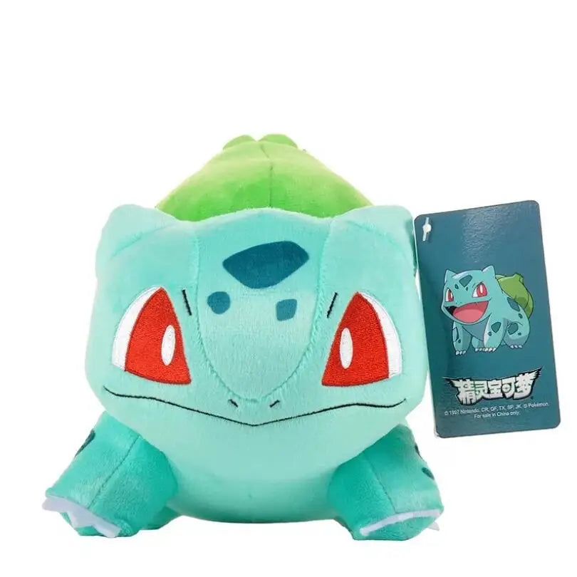 Anime plush stuffed toy featuring Pikachu, Bulbasaur, Jigglypuff, Lapras, and Eevee in soft, cuddly doll form for kids.