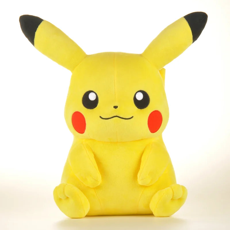 Colorful anime plush stuffed toys including Pikachu, Bulbasaur, Jigglypuff, Lapras, and Eevee soft dolls for kids.