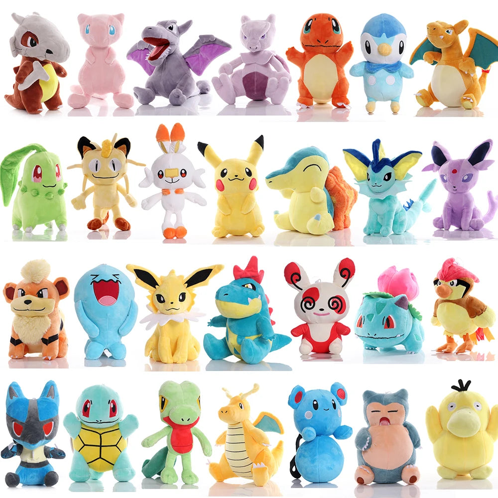 Colorful plush toy featuring Pikachu, Charmander, Squirtle, Bulbasaur, Eevee, and other Pokémon characters, 8-inch FanzyMarket stuffed animal