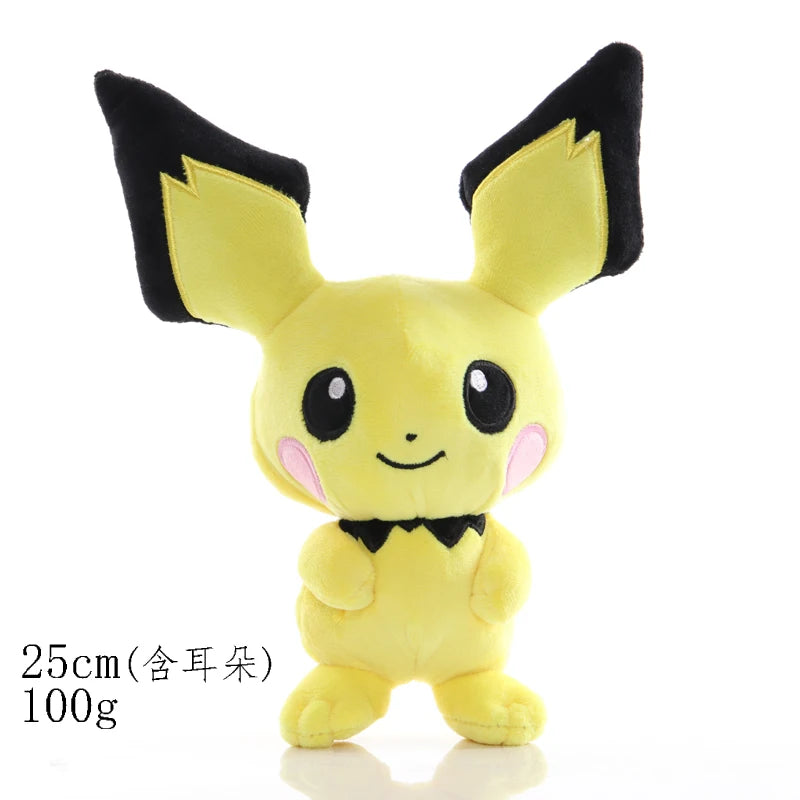 Colorful Pikachu & Friends 8-inch plush stuffed animals including Pikachu, Charmander, Squirtle, Eevee, and Gengar on a white background.