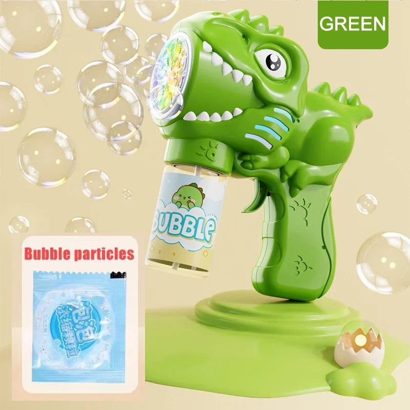 FanzyMarket dinosaur bubble machine for kids, electric bubble gun with lights, fully automatic outdoor bubble blower with 6 holes.