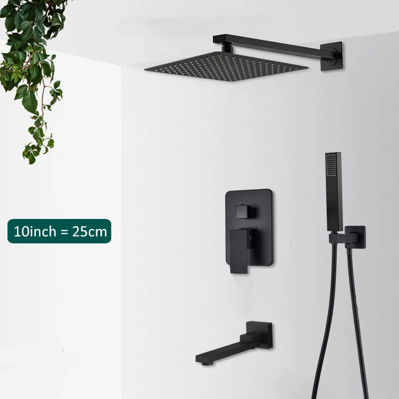 Matte black concealed in-wall rainfall shower system with tub spout and wall-mount mixer faucet from FanzyMarket.