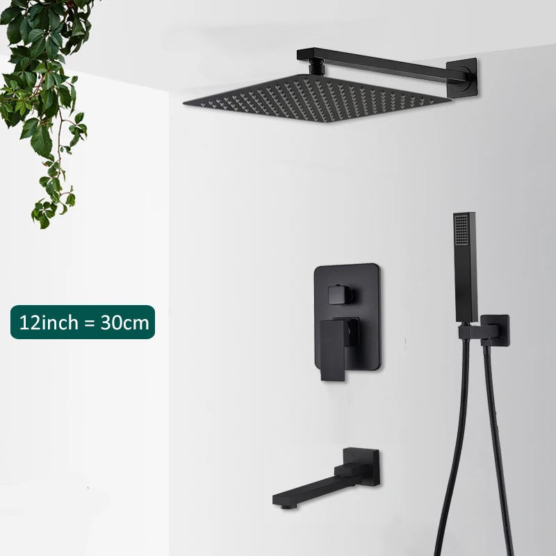 Matte black concealed in-wall rainfall shower system with tub spout and wall-mount mixer faucet from FanzyMarket