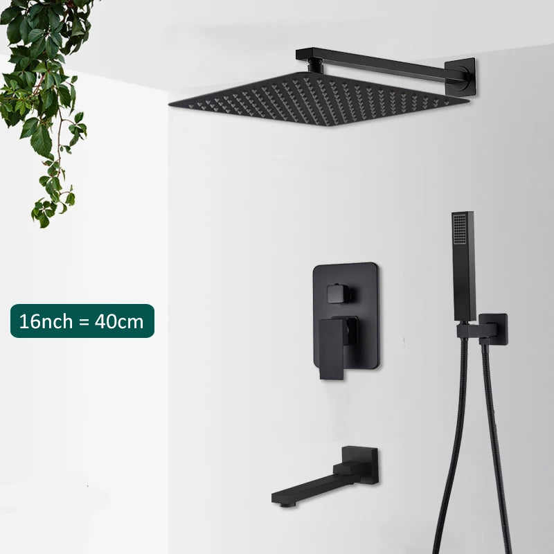 Matte black concealed in-wall rainfall shower system with tub spout and wall-mount mixer faucet, ideal for modern bathroom decor.