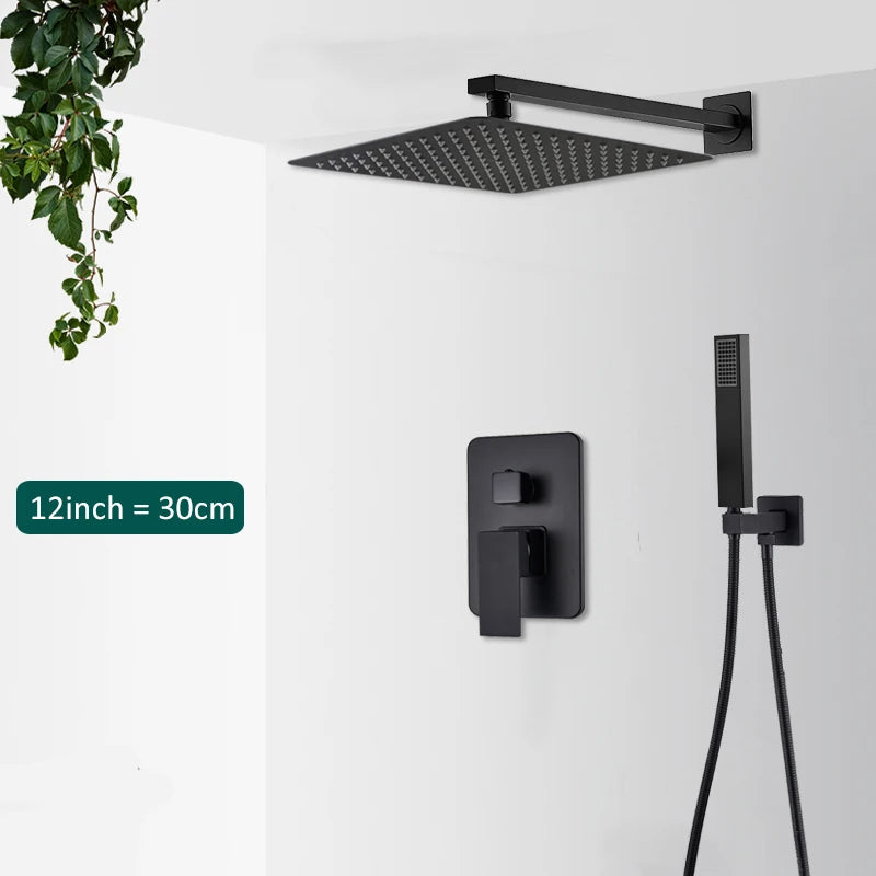 Matte black concealed in-wall rainfall shower system with tub spout and wall-mount mixer faucet from FanzyMarket.