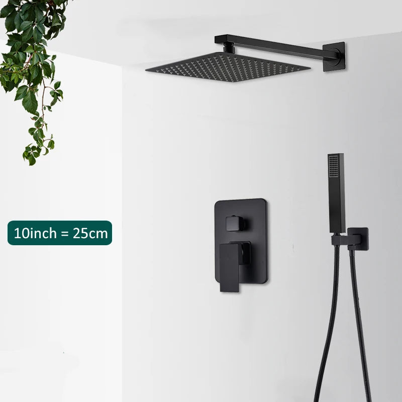Matte black concealed in-wall rainfall shower system with tub spout and wall-mount mixer faucet by FanzyMarket.