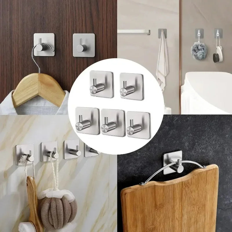 Black stainless steel strong adhesive wall hooks for coats, robes, and towels, shown in a 2-pack with a sleek, nail-free design.