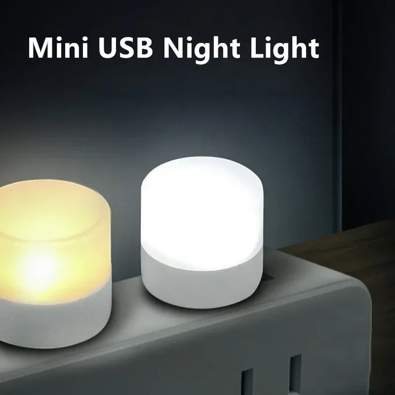 FanzyMarket mini USB LED night lights in warm white, portable plug-in lamps for eye-protection reading, available in 1, 3, 5, or 10 packs.