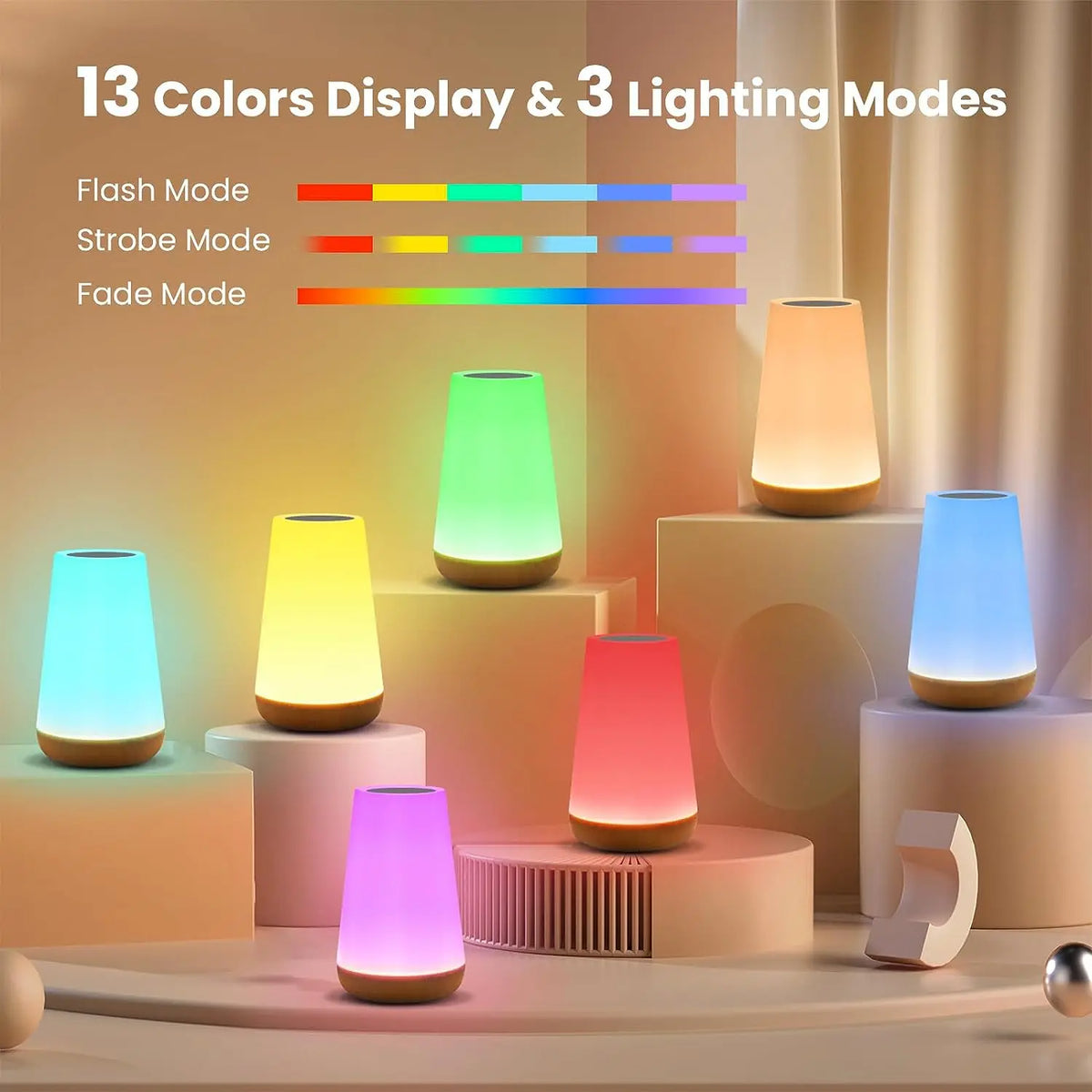 FanzyMarket 13-color touch and remote RGB rechargeable night light, USB-powered dimmable bedside table lamp with colorful lighting options.