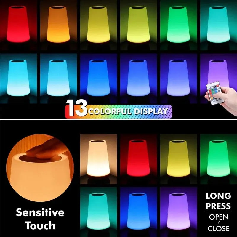 FanzyMarket 13-color RGB rechargeable night light with touch and remote control, dimmable bedside lamp, USB portable design.
