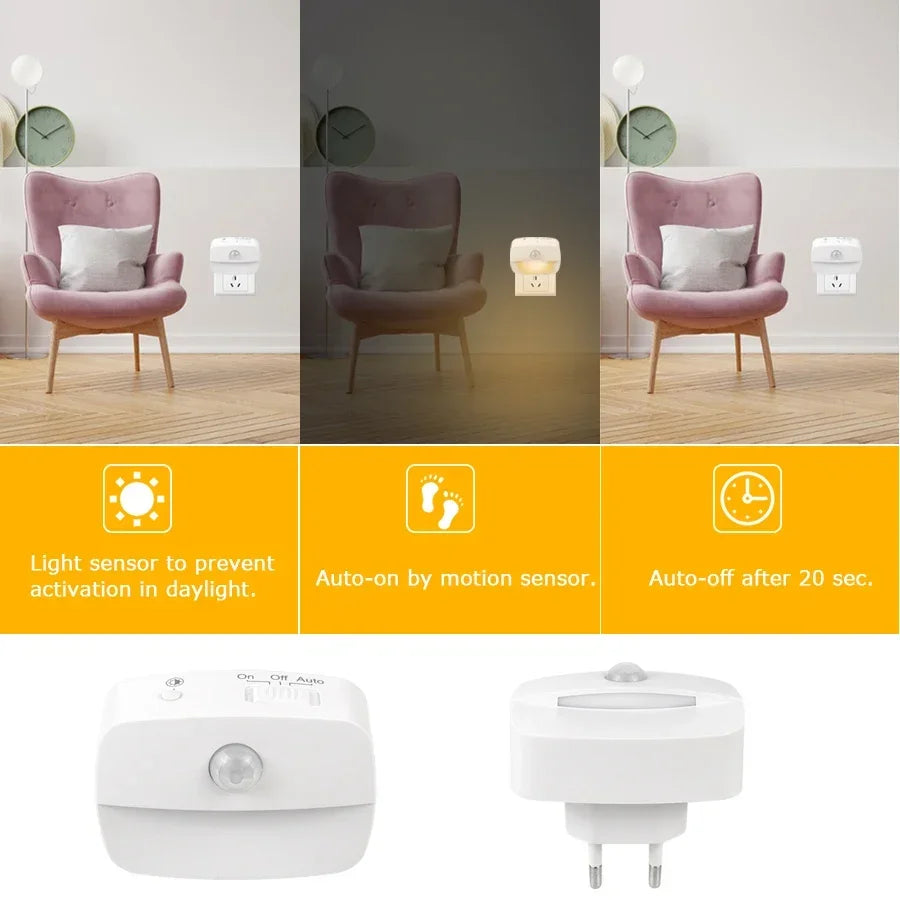 FanzyMarket plug-in motion sensor night light with dusk-to-dawn sensor, mini LED for bathroom, hallway, or bedroom lighting.