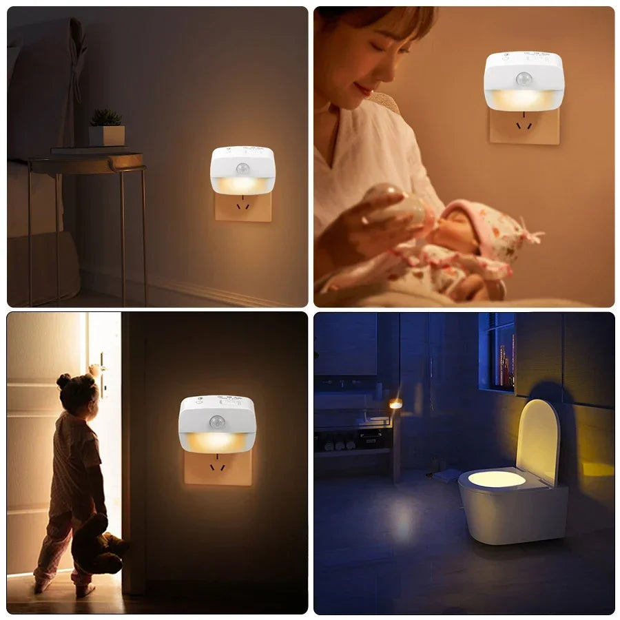 FanzyMarket plug-in motion sensor night light with dusk-to-dawn sensor, mini LED light for bathroom, hallway, and bedroom.