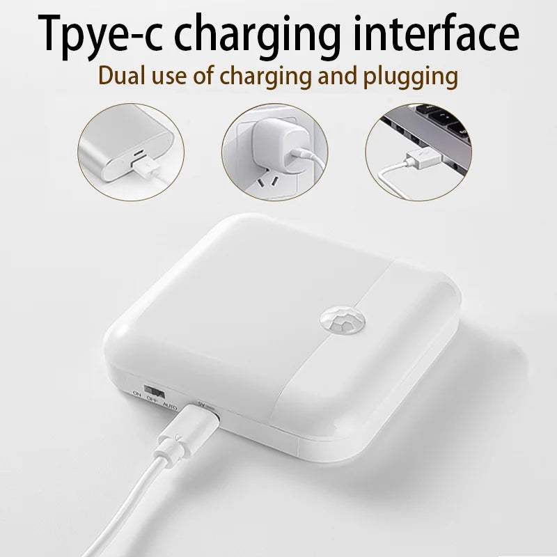 FanzyMarket motion sensor LED night light, USB-C rechargeable square lamp with cold white light for bedroom, kitchen, stairs, and wardrobe.