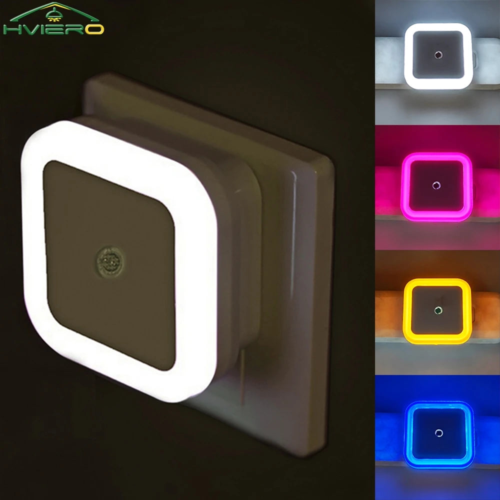 Blue mini square LED plug-in night light with sensor, soft glow, ideal for baby rooms, bedrooms, and hallways, US/EU plug.