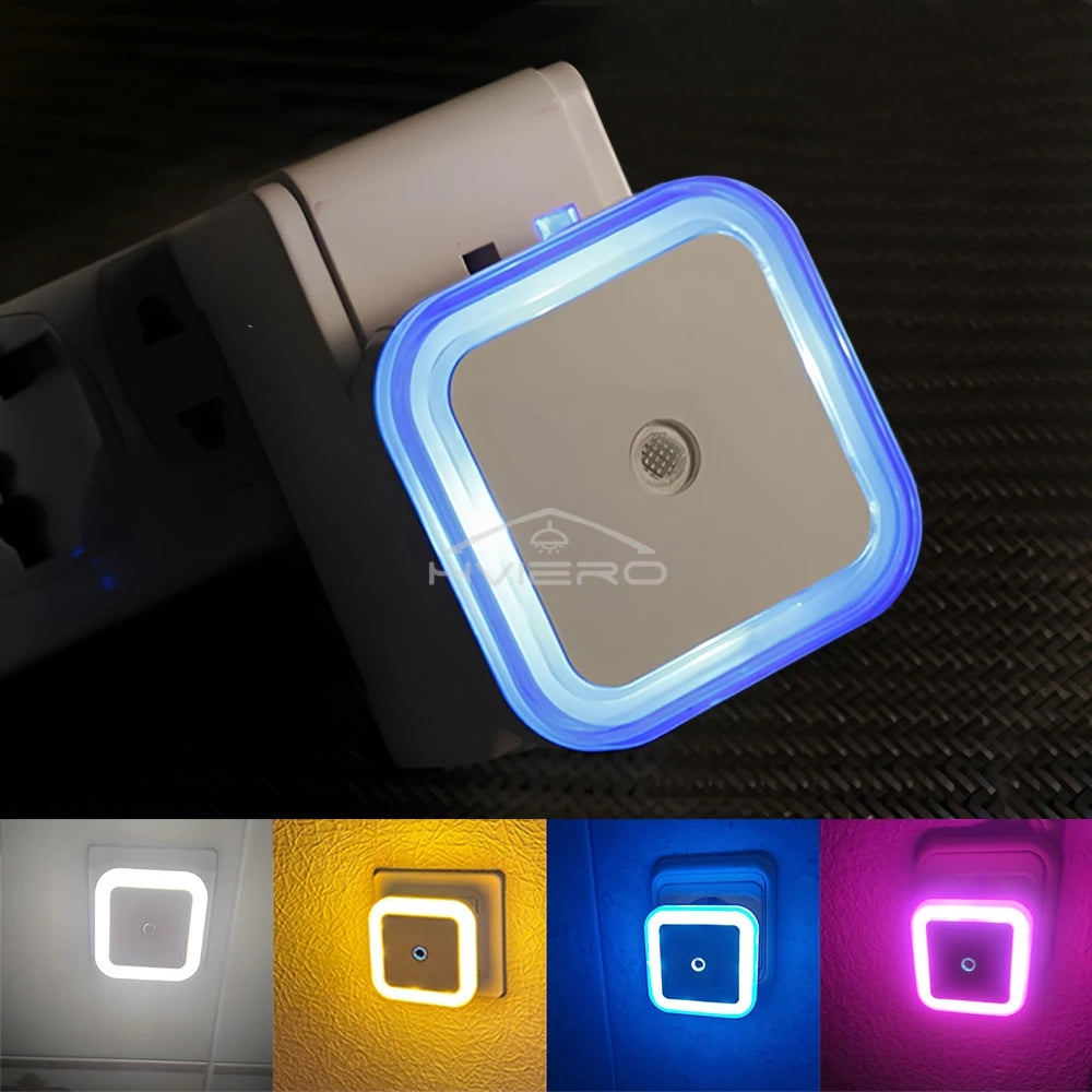Blue mini square LED plug-in night light with sensor, soft glow for baby room, bedroom, or hallway, by FanzyMarket.