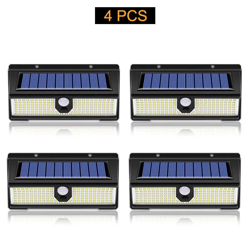 FanzyMarket 190 LED solar wall light with motion sensor, waterproof IP65 outdoor lamp, ideal for garden, yard, and pathway lighting.
