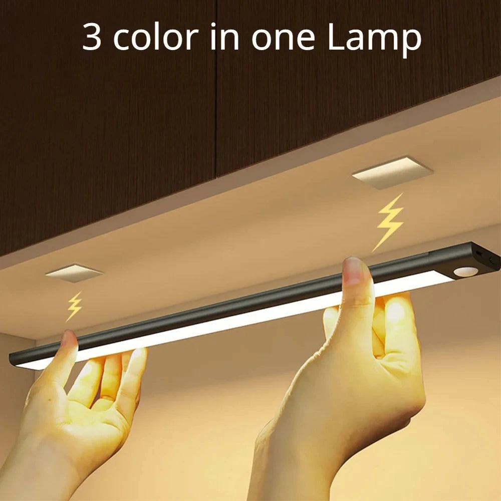 FanzyMarket rechargeable motion sensor LED night light with magnetic mount, silver, 3 color temperatures, suitable for cabinets and wardrobes.