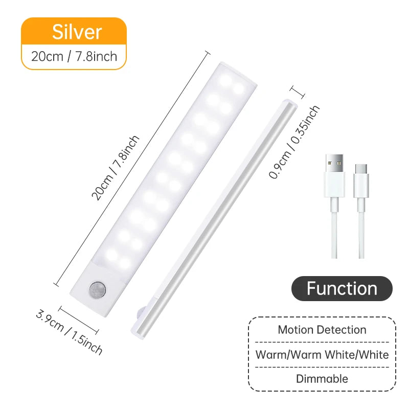 FanzyMarket rechargeable motion sensor LED night light with magnetic mount, three color temperatures, suitable for cabinets and wardrobes.