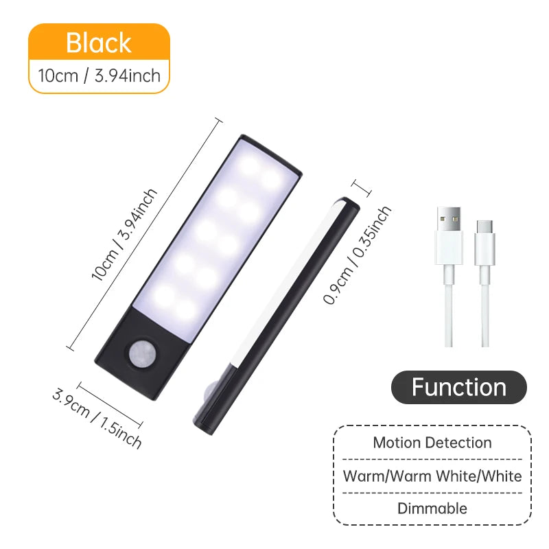 FanzyMarket rechargeable motion sensor LED night light with magnetic mount, 3 color temperatures, suitable for cabinets and wardrobes.
