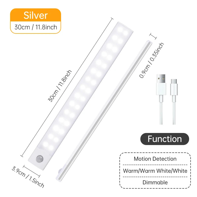 FanzyMarket rechargeable motion sensor LED night light with magnetic mount, 3 color temperatures, suitable for cabinets and wardrobes.