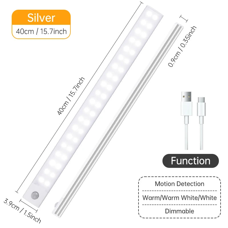 FanzyMarket rechargeable LED night light with motion sensor, magnetic mount, 3 color temps, suitable for cabinets and wardrobes.