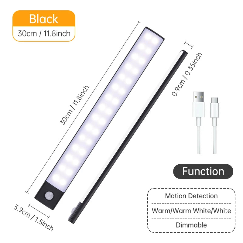 FanzyMarket rechargeable LED night light with magnetic mount, motion sensor, 3 color temperatures, suitable for cabinets and wardrobes.