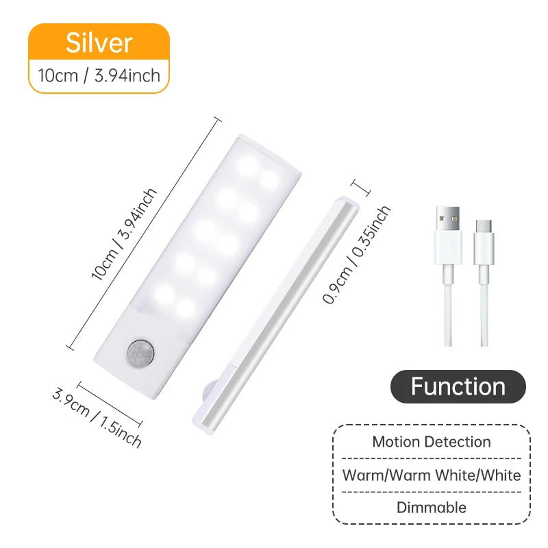 FanzyMarket rechargeable motion sensor LED night light with magnetic mount, 3 color temperatures, ideal for cabinets and wardrobes.