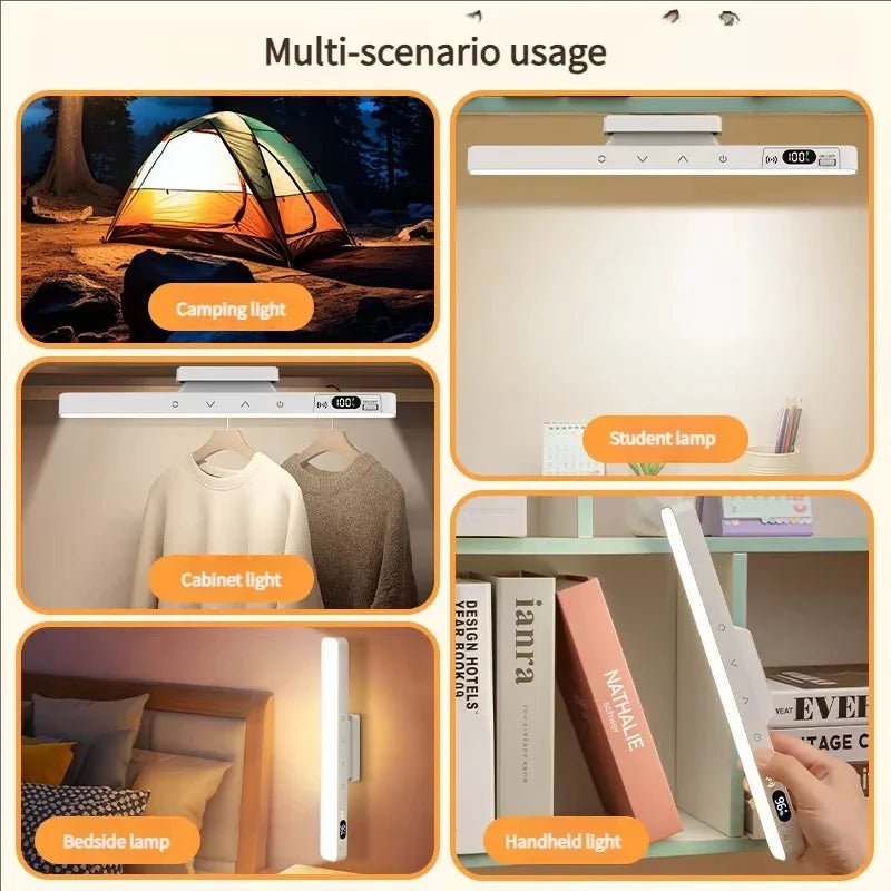 FanzyMarket magnetic touch LED desk lamp with adjustable color temperatures, USB-C rechargeable, 360° rotation for bedside or cabinet use.