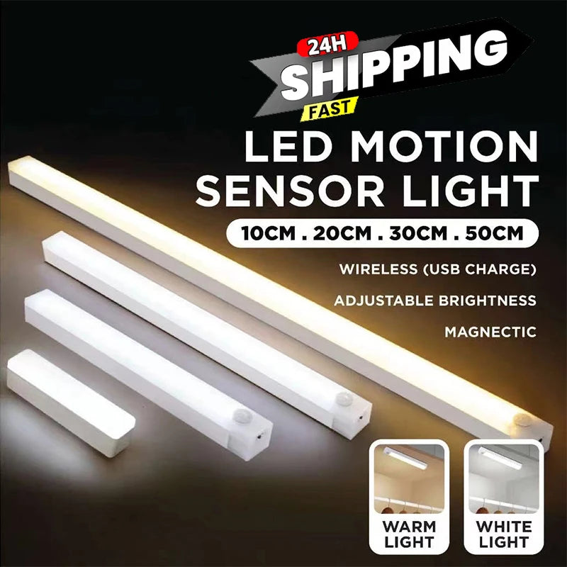FanzyMarket PIR motion sensor LED under-cabinet night light, rechargeable, dimmable magnetic light bar for closets, stairs, and kitchens.