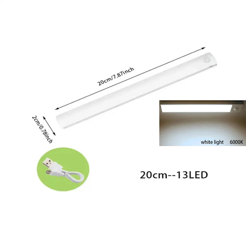 FanzyMarket PIR motion sensor LED under-cabinet night light, rechargeable, dimmable, magnetic, for closet, stair, and kitchen lighting.