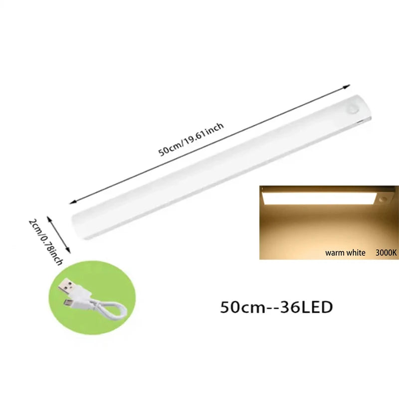 FanzyMarket PIR motion sensor LED under-cabinet night light, rechargeable, dimmable, magnetic, suitable for closet, stair, or kitchen use.