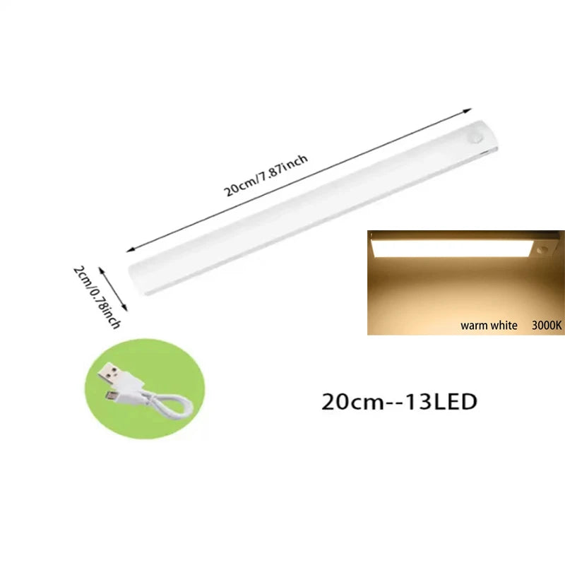 FanzyMarket PIR motion sensor LED under-cabinet night light bar, rechargeable, dimmable, magnetic, suitable for closet, stair, and kitchen.