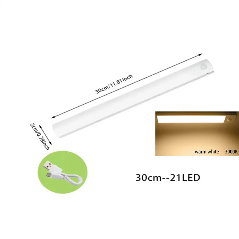 FanzyMarket PIR motion sensor LED under-cabinet night light, rechargeable, dimmable, magnetic, suitable for closets, stairs, and kitchens.