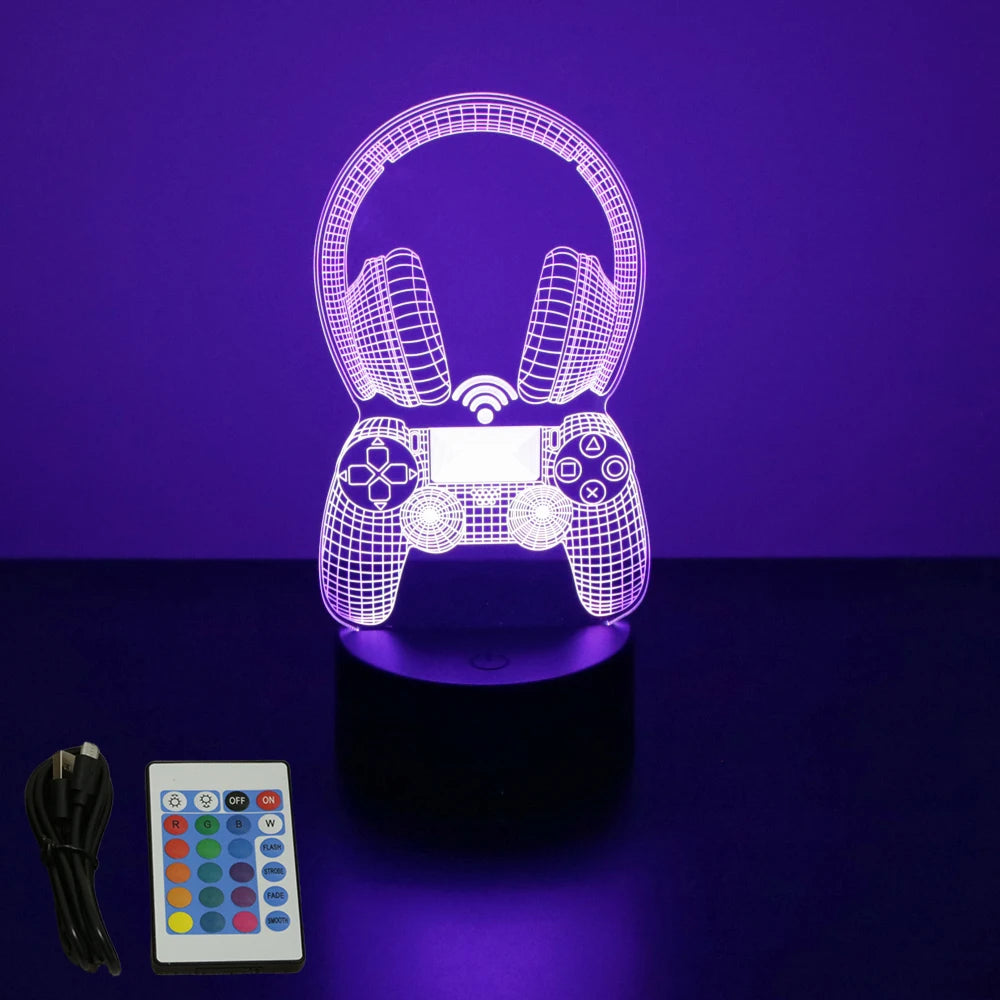FanzyMarket Neon Gamer 3D LED Night Light with RGB colors, designed as a gaming table lamp for kids, bedroom, or gamer room decor.