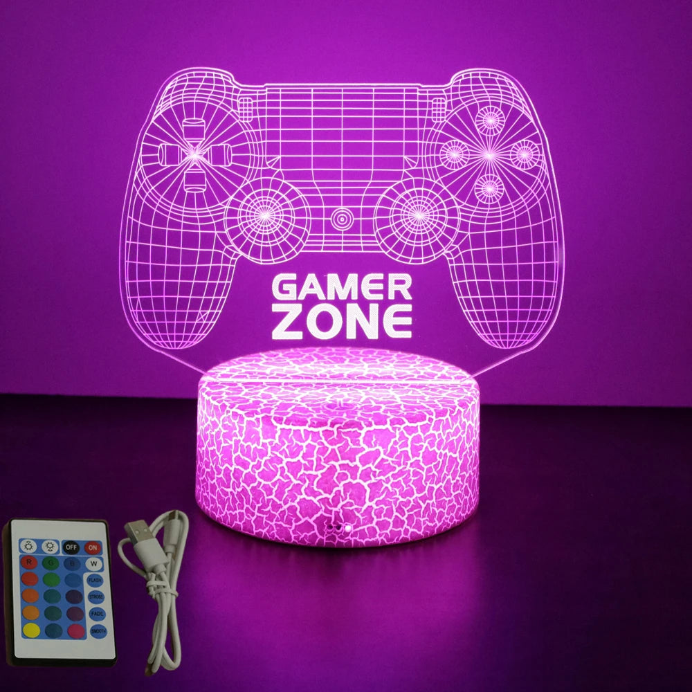 FanzyMarket Neon Gamer 3D LED RGB night light on gaming table, colorful glow, ideal for kids' bedrooms or gamer rooms decor.