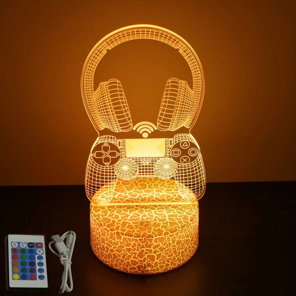 FanzyMarket Neon Gamer 3D LED RGB Night Light on gaming table, colorful gaming-themed lamp for kids, bedroom, or gamer room.