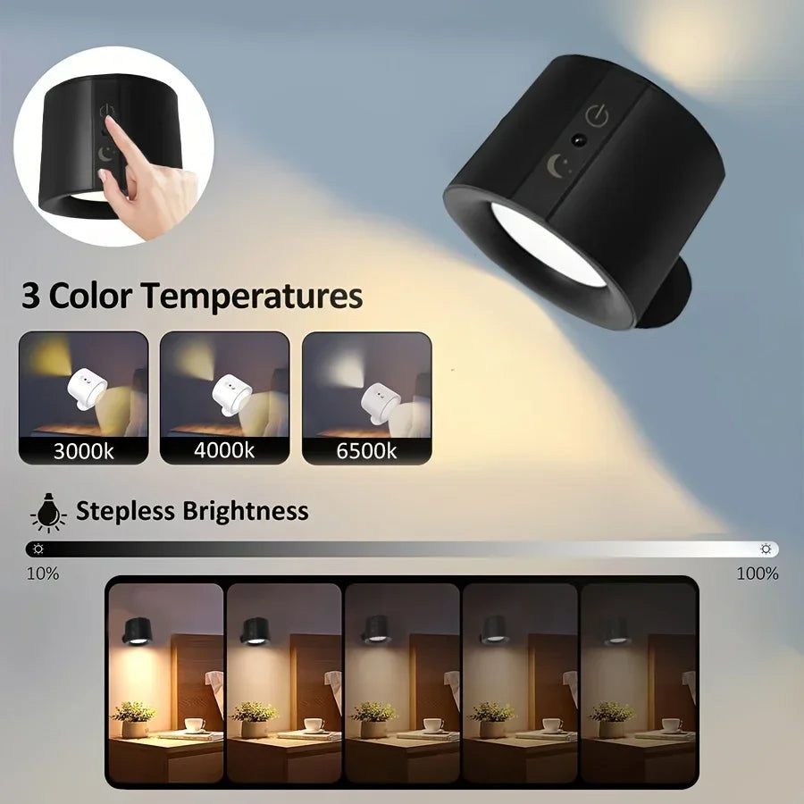 FanzyMarket double-head magnetic LED wall lamp with rechargeable, 360° rotating, dimmable spotlight and wireless remote for bedroom or living room