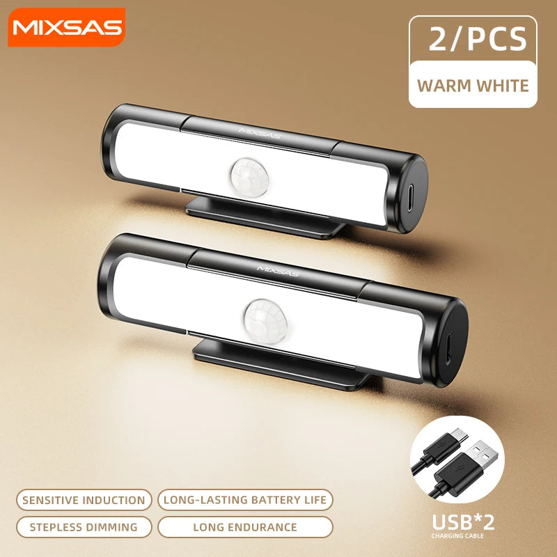 Two FanzyMarket 3-color motion sensor LED night lamps, USB-C rechargeable, wireless portable lights for car trunk, van, and home.
