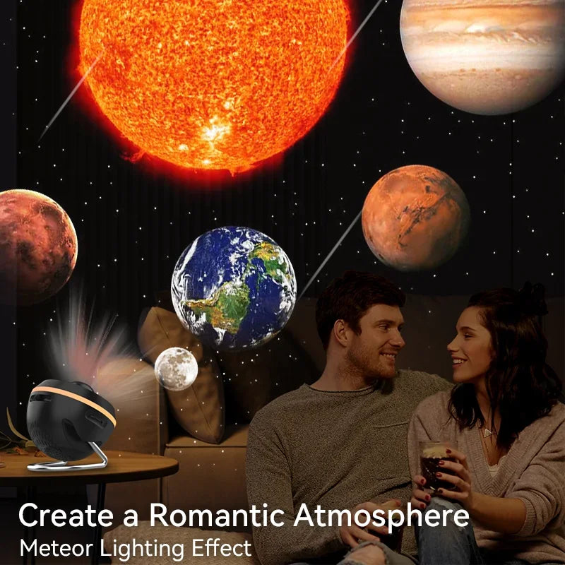 FanzyMarket Galaxy Star Projector Night Light displays 12-in-1 planetarium and meteor scenes with rotary motion, USB powered for kids.
