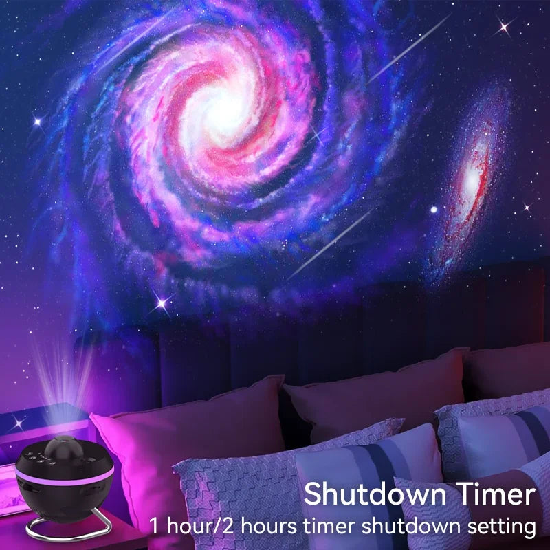 FanzyMarket Galaxy Star Projector Night Light displaying star and planet patterns, USB-powered decorative lamp for kids' room.