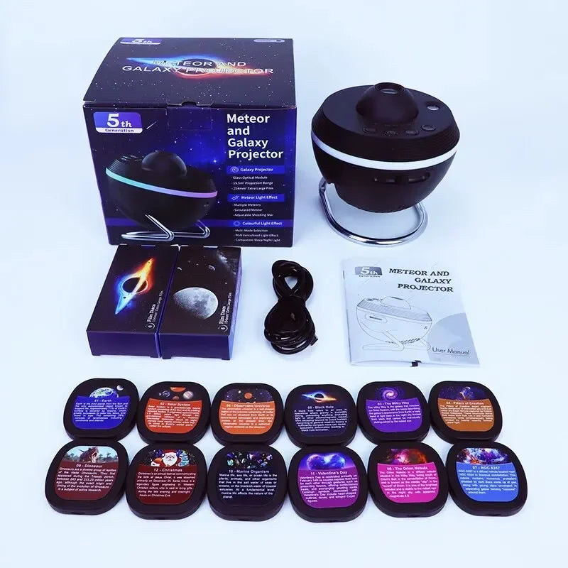 FanzyMarket Galaxy Star Projector Night Light displaying star and planet images with rotating space ball, USB powered for kids.