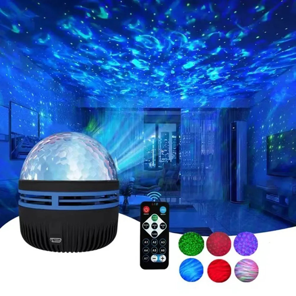 FanzyMarket Galaxy Aurora Projector Night Light with remote, USB 5V LED, rotating water wave design for home, bedroom, and kids room decor.