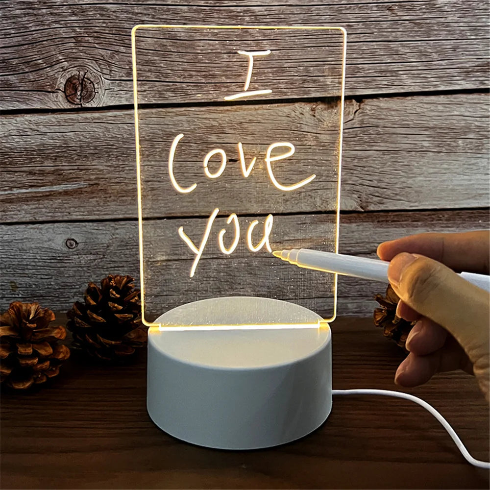 FanzyMarket LED erasable message board night light with USB, acrylic note board, pen, creative desk lamp for kids and girlfriends.