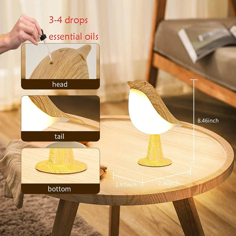 Wood-effect bird LED night light by FanzyMarket, rechargeable bedside lamp with touch control, 3-color dimmable lighting.
