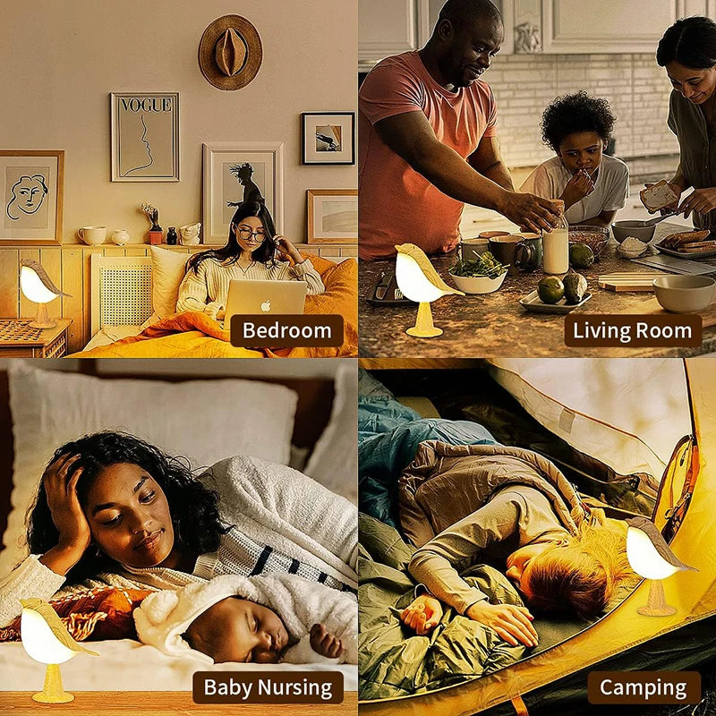 FanzyMarket wood-effect bird LED night light, touch-controlled rechargeable bedside lamp with 3-color dimmable lighting.