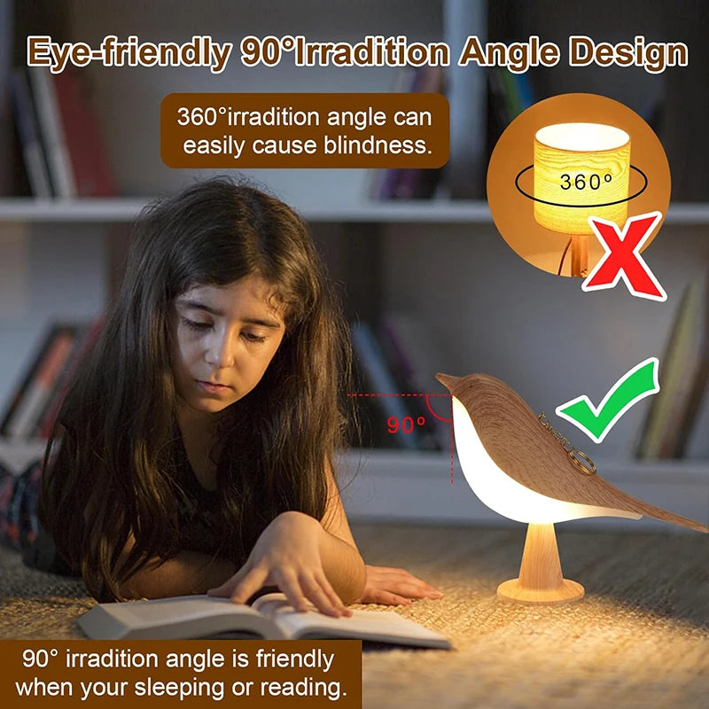 FanzyMarket wood-effect bird LED night light, rechargeable touch bedside lamp with 3-color dimmable lighting, decorative bedroom decor.
