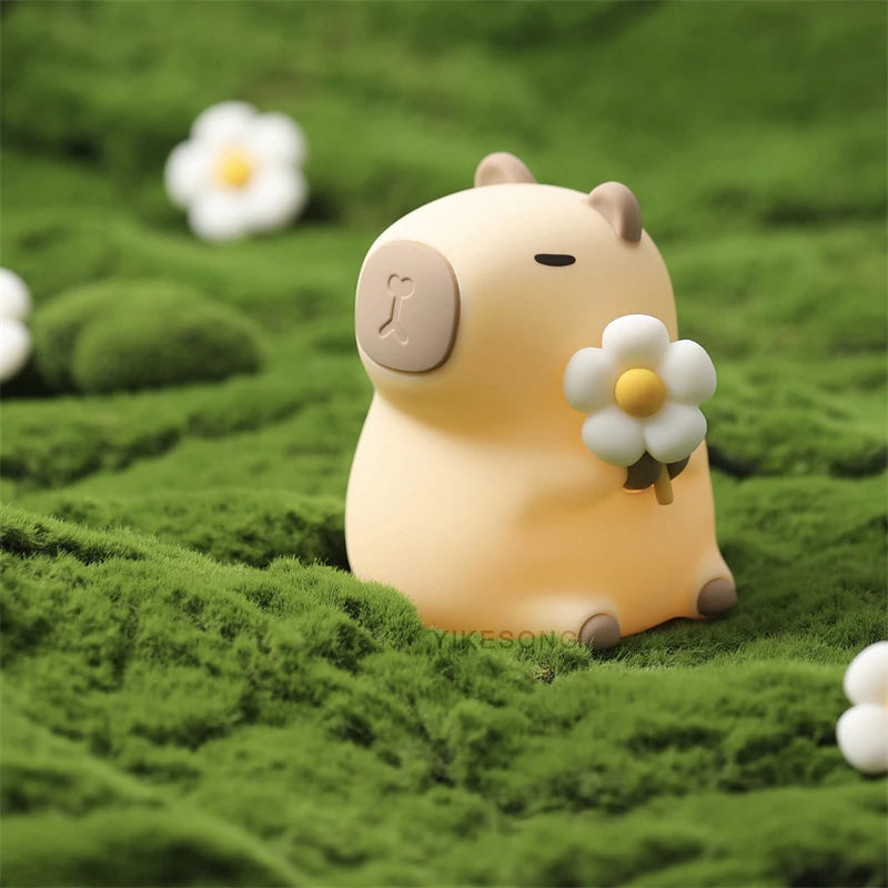 FanzyMarket Capybara and Mango LED night light for kids with touch sensor, RGB color options, rechargeable USB, and timer.