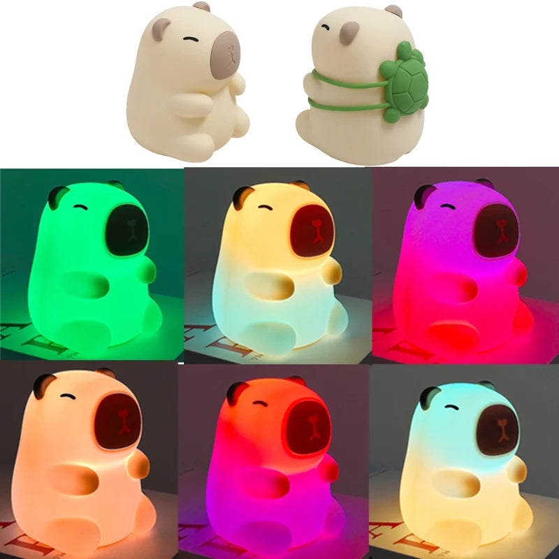 FanzyMarket Capybara and Mango LED night light for kids with touch sensor, rechargeable USB, dimmable RGB lighting, and timer feature.