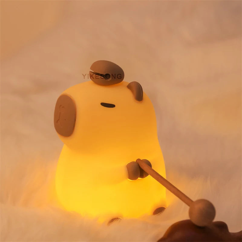 FanzyMarket Capybara and Mango LED night light for kids with touch sensor, RGB colors, rechargeable USB, dimmable, and timer feature.